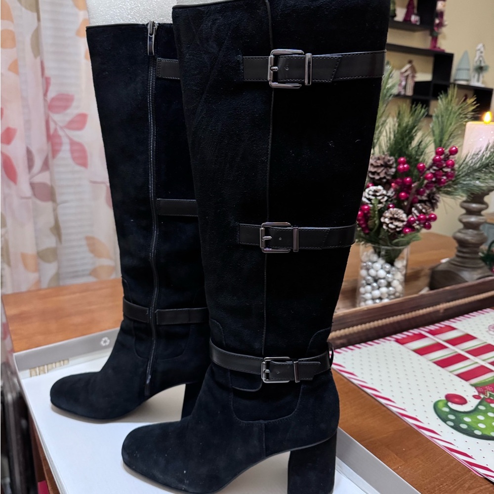 Franco Sarto Black Heeled Boots with Buckle Detail